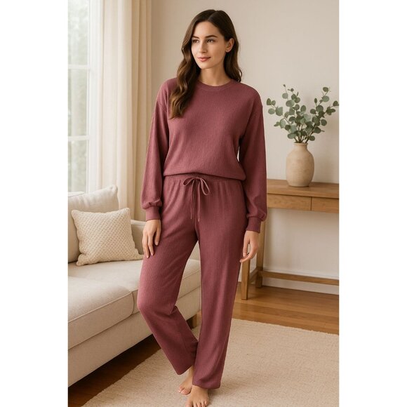 Honeydew M 2-Piece Soft Rib Lounge Set Pajama Sleepwear Long Sleeve Shirt Pants - Picture 1 of 15